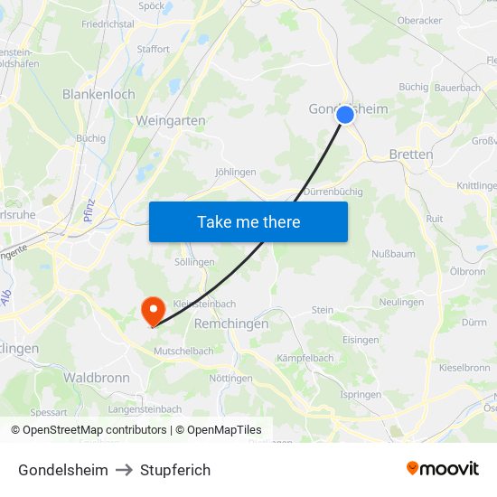 Gondelsheim to Stupferich map