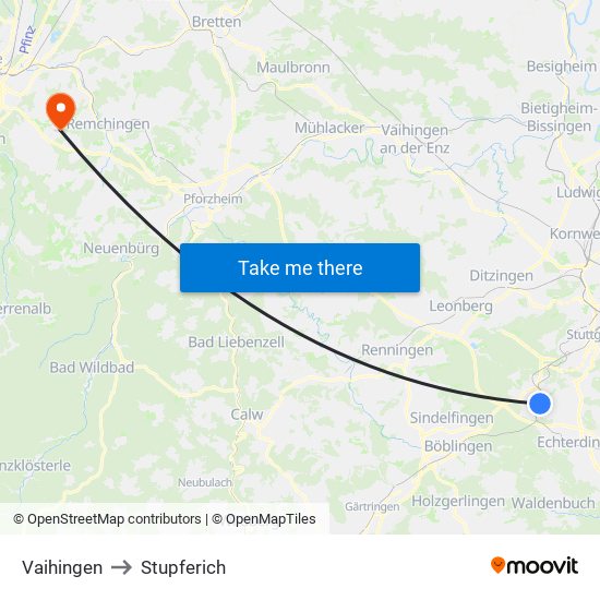 Vaihingen to Stupferich map