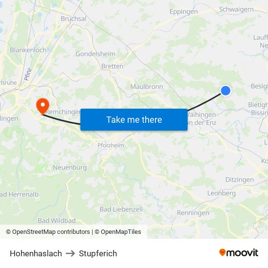 Hohenhaslach to Stupferich map