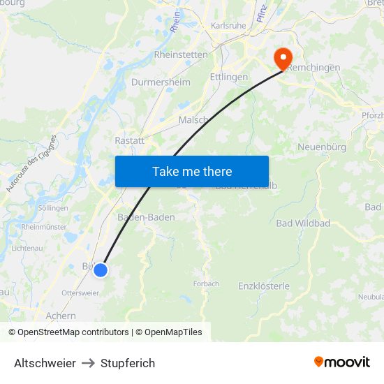 Altschweier to Stupferich map