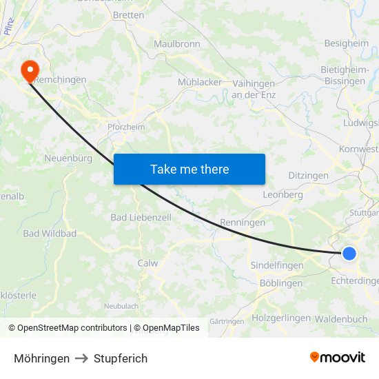 Möhringen to Stupferich map