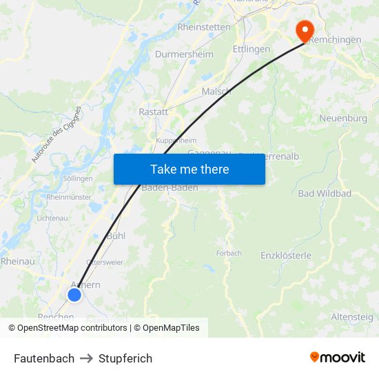 Fautenbach to Stupferich map