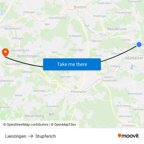 Lienzingen to Stupferich map
