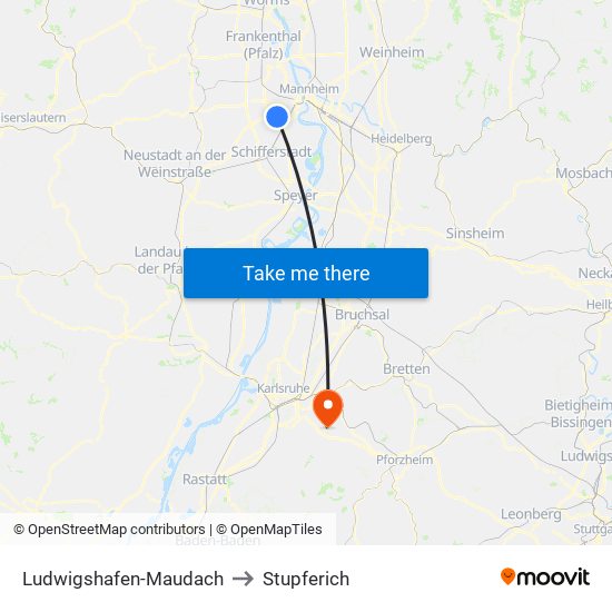 Ludwigshafen-Maudach to Stupferich map