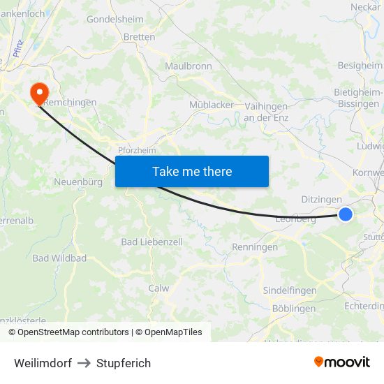 Weilimdorf to Stupferich map