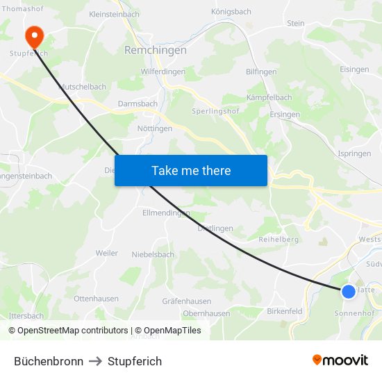 Büchenbronn to Stupferich map