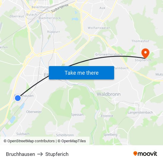 Bruchhausen to Stupferich map