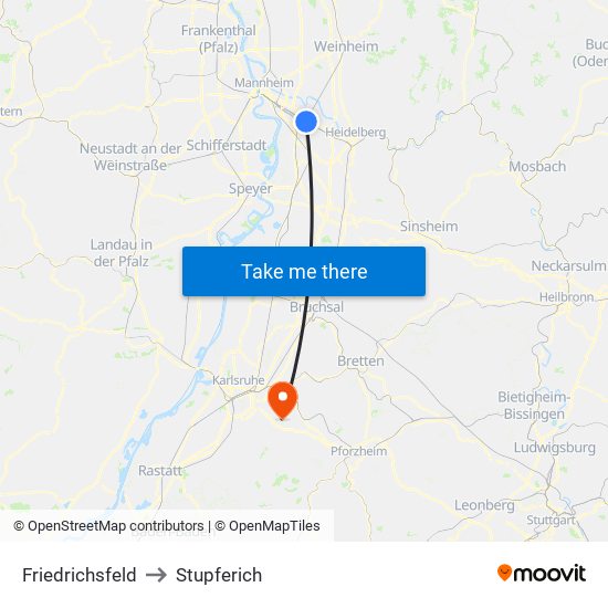 Friedrichsfeld to Stupferich map