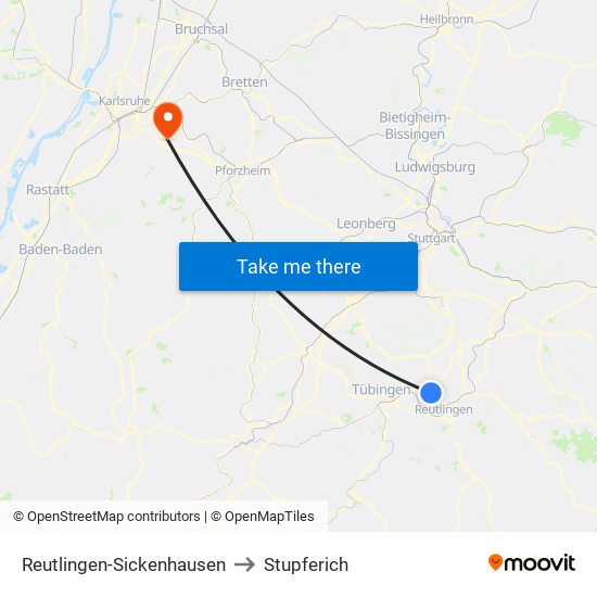 Reutlingen-Sickenhausen to Stupferich map