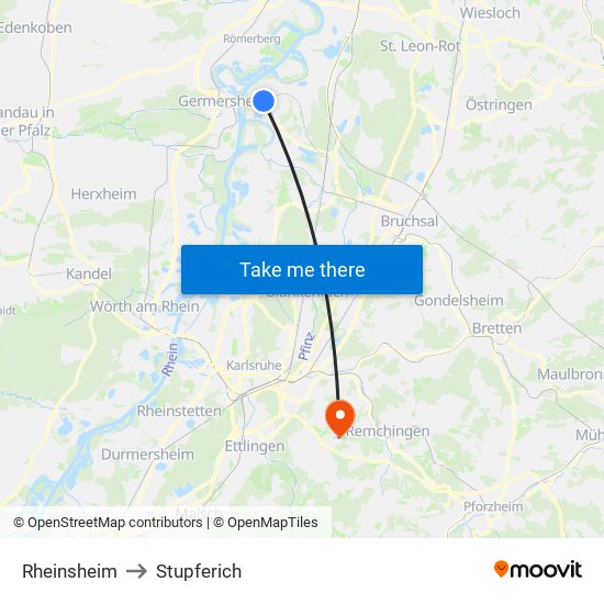 Rheinsheim to Stupferich map