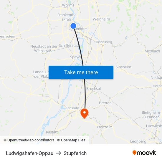 Ludwigshafen-Oppau to Stupferich map