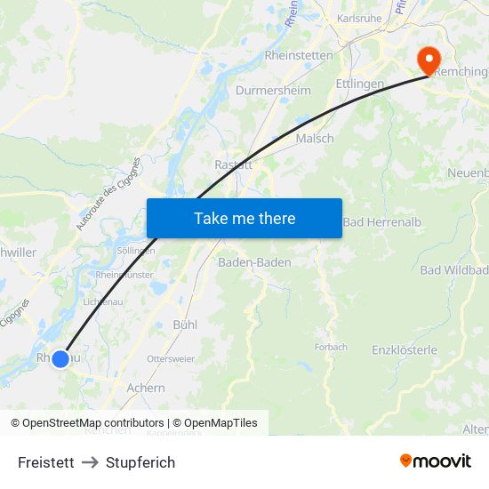 Freistett to Stupferich map