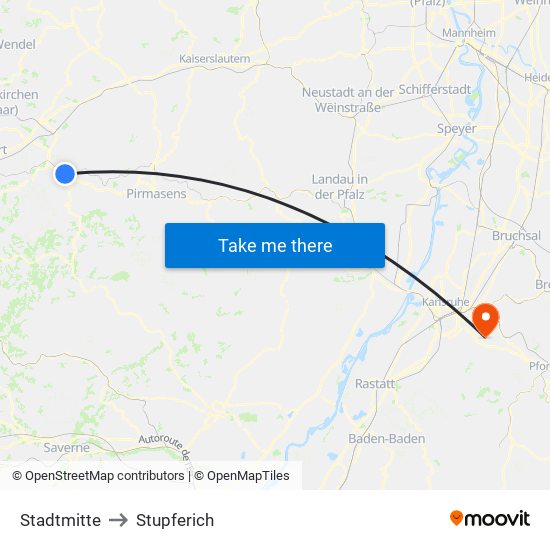 Stadtmitte to Stupferich map