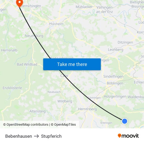 Bebenhausen to Stupferich map