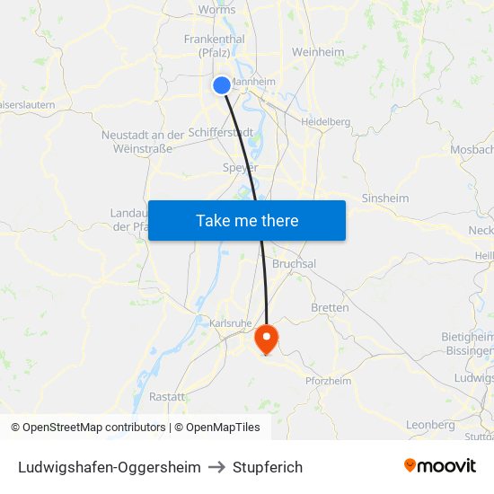 Ludwigshafen-Oggersheim to Stupferich map