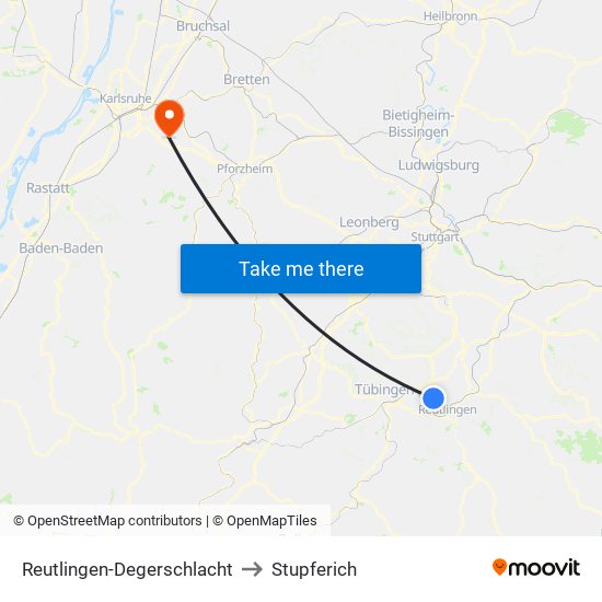 Reutlingen-Degerschlacht to Stupferich map