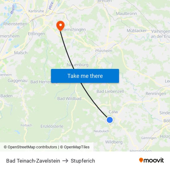 Bad Teinach-Zavelstein to Stupferich map