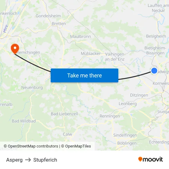 Asperg to Stupferich map