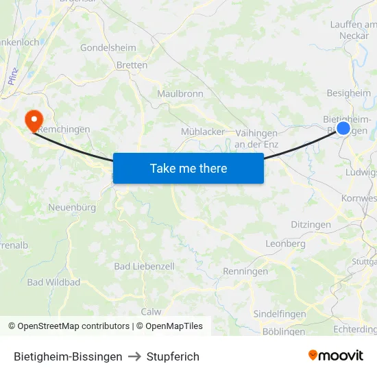 Bietigheim-Bissingen to Stupferich map