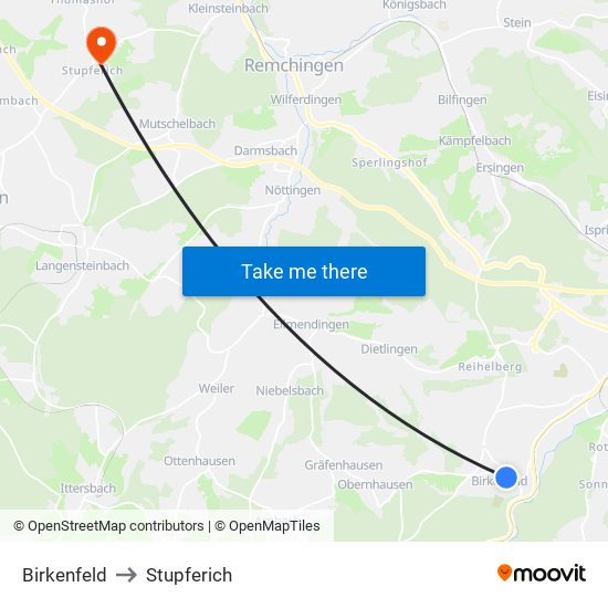 Birkenfeld to Stupferich map