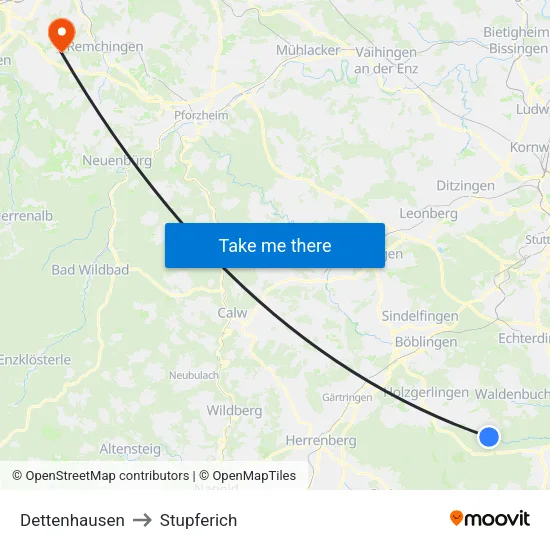 Dettenhausen to Stupferich map