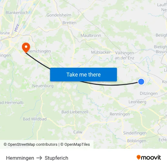 Hemmingen to Stupferich map