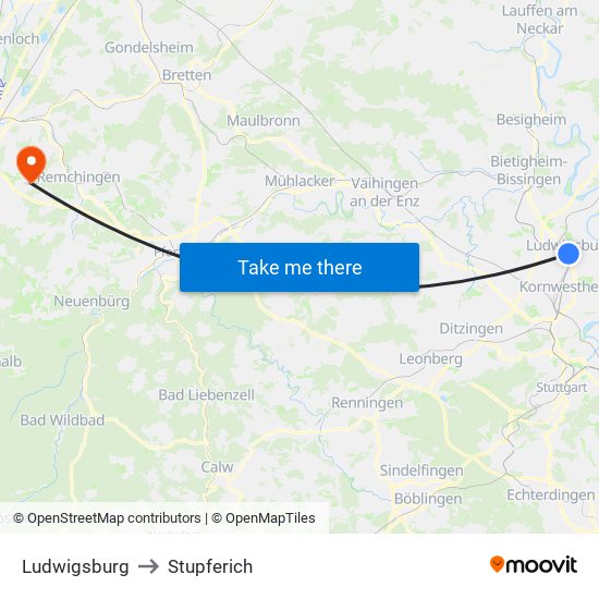 Ludwigsburg to Stupferich map