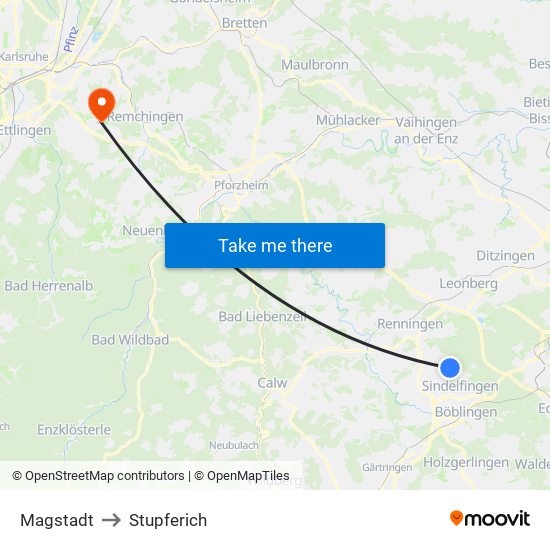 Magstadt to Stupferich map