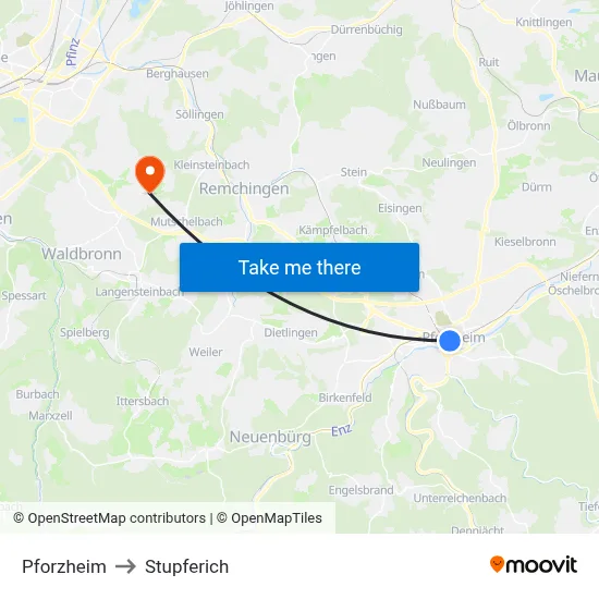 Pforzheim to Stupferich map