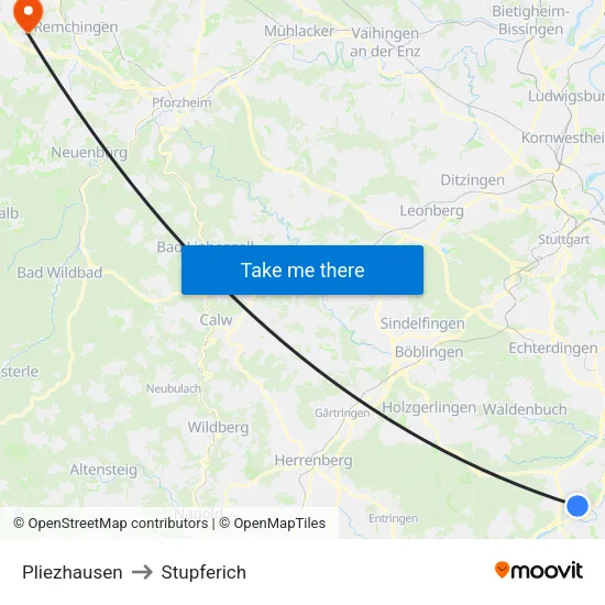 Pliezhausen to Stupferich map