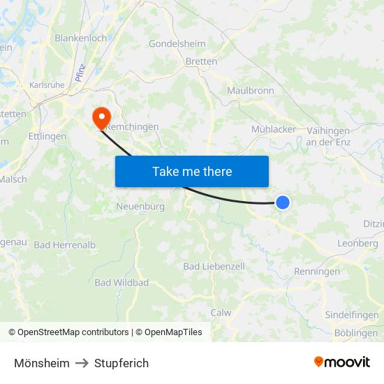 Mönsheim to Stupferich map
