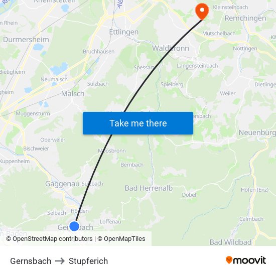 Gernsbach to Stupferich map