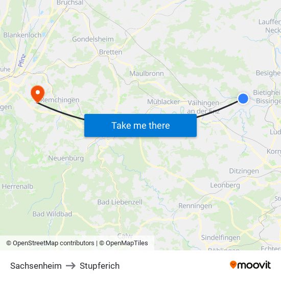 Sachsenheim to Stupferich map