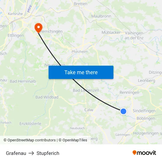 Grafenau to Stupferich map