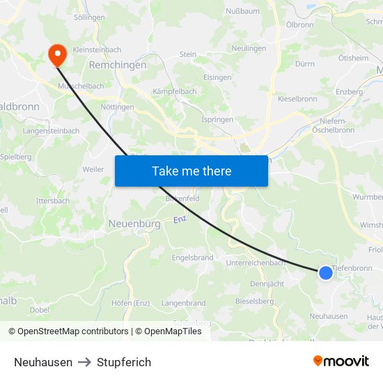 Neuhausen to Stupferich map