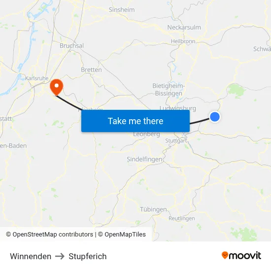 Winnenden to Stupferich map