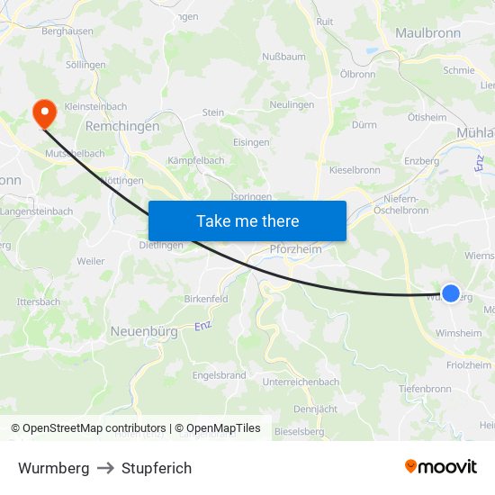 Wurmberg to Stupferich map