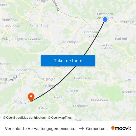 Vereinbarte Verwaltungsgemeinschaft Der Stadt Ebersbach An Der Fils to Gemarkung Öschingen map