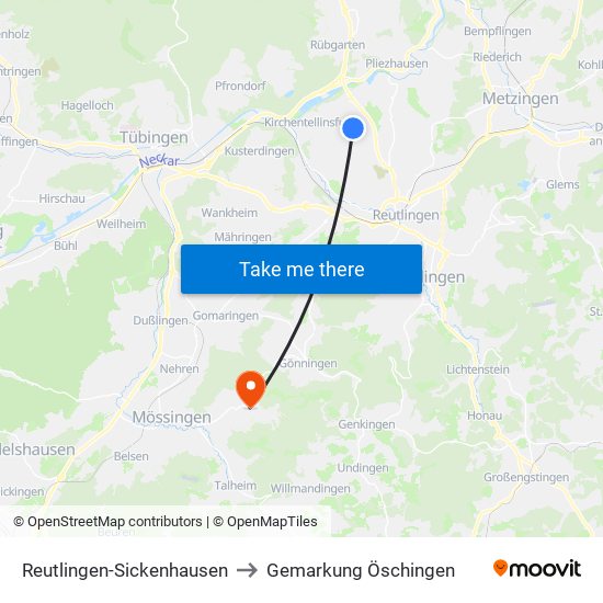 Reutlingen-Sickenhausen to Gemarkung Öschingen map