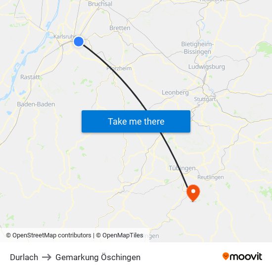 Durlach to Gemarkung Öschingen map