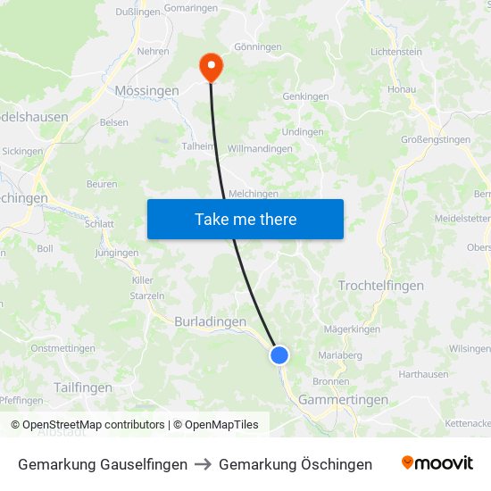 Gemarkung Gauselfingen to Gemarkung Öschingen map