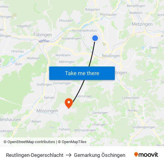 Reutlingen-Degerschlacht to Gemarkung Öschingen map