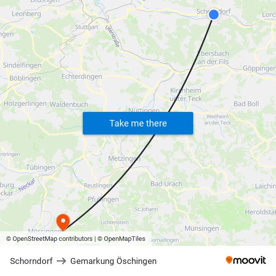 Schorndorf to Gemarkung Öschingen map