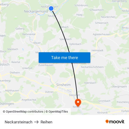 Neckarsteinach to Reihen map