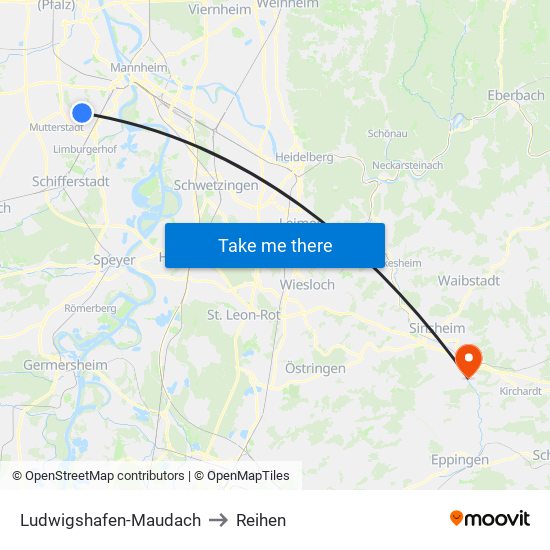 Ludwigshafen-Maudach to Reihen map