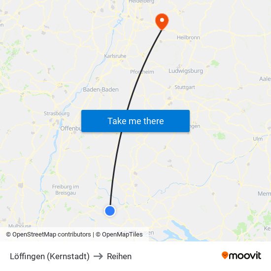 Löffingen (Kernstadt) to Reihen map