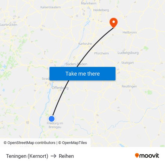 Teningen (Kernort) to Reihen map