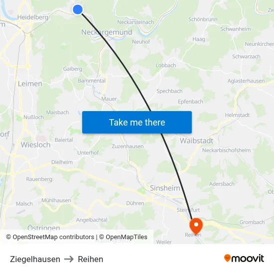 Ziegelhausen to Reihen map