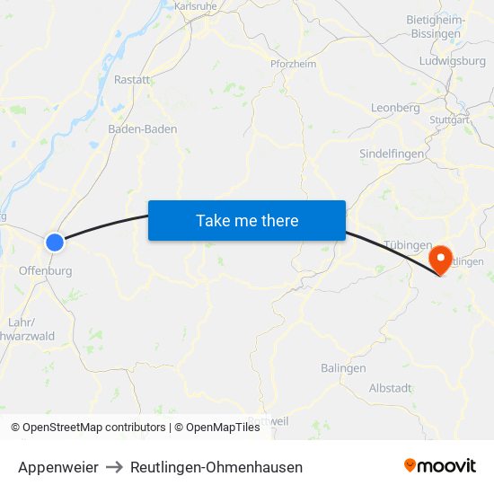 Appenweier to Reutlingen-Ohmenhausen map