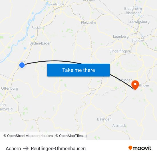 Achern to Reutlingen-Ohmenhausen map